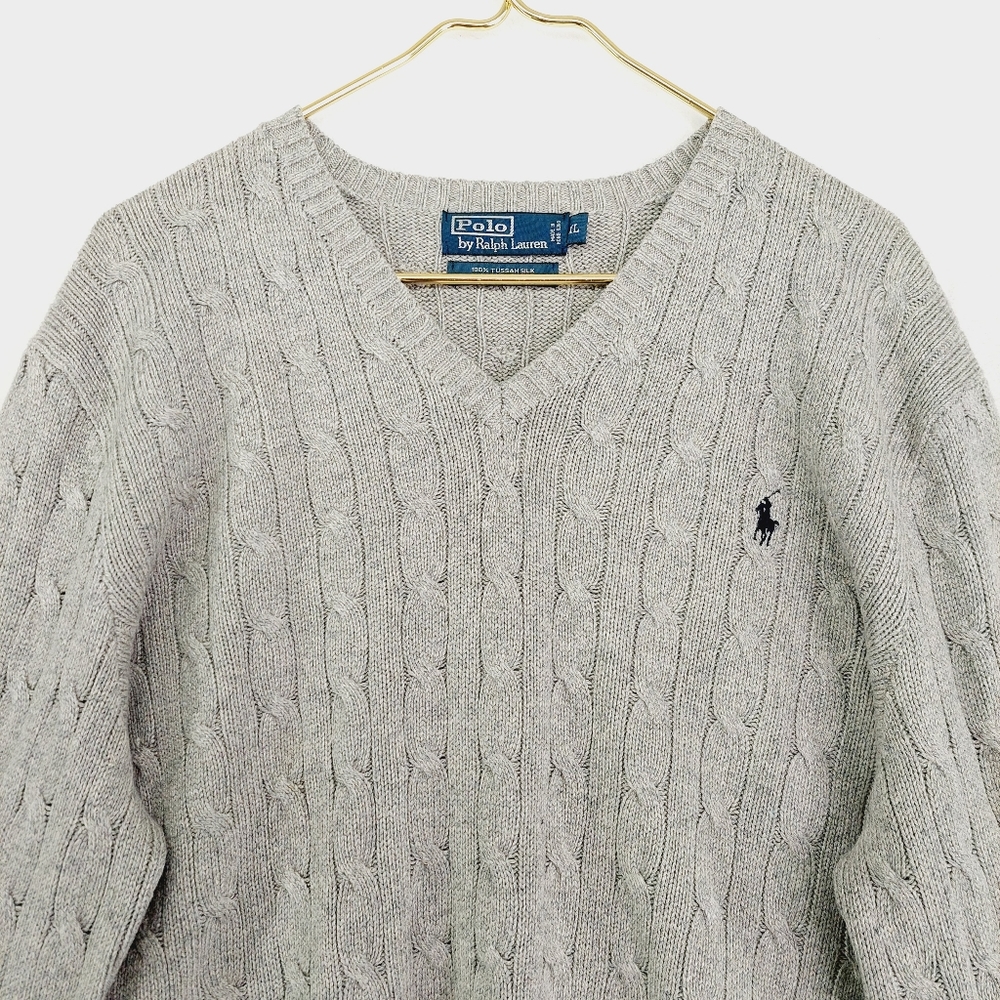 Polo Ralph Lauren Gray Long Sleeve Tussah Silk V-neck Sweater Pullover